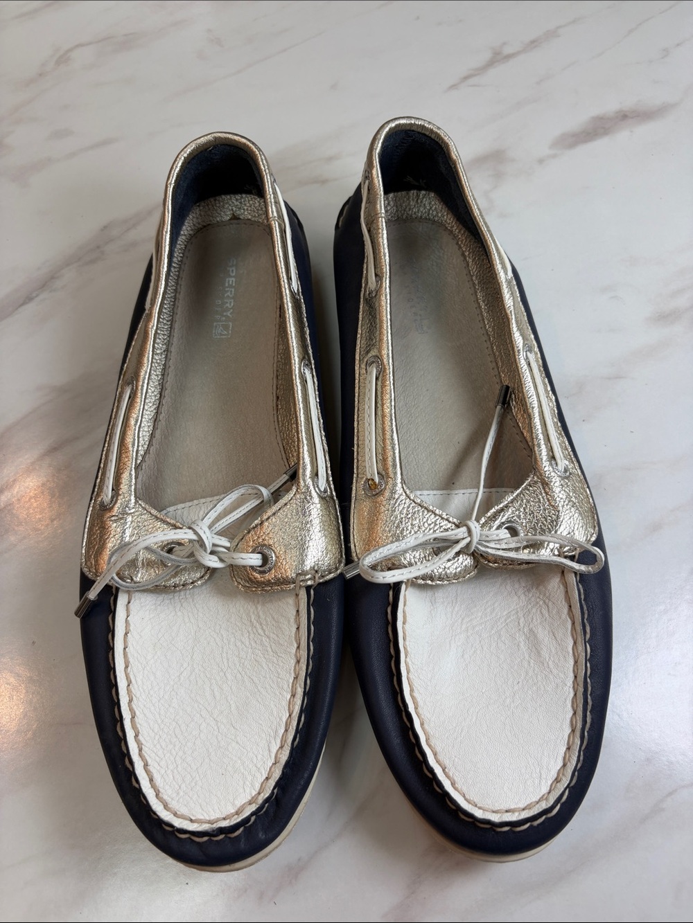 Sperry Women's Metallic Gold/Silver, white & navy Leather Boat flats Shoes 10M